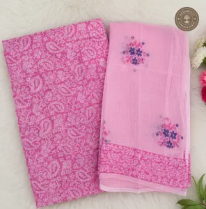 Pink Paisley Print 2-Piece Unstitched Suit Set with Floral Dupatta