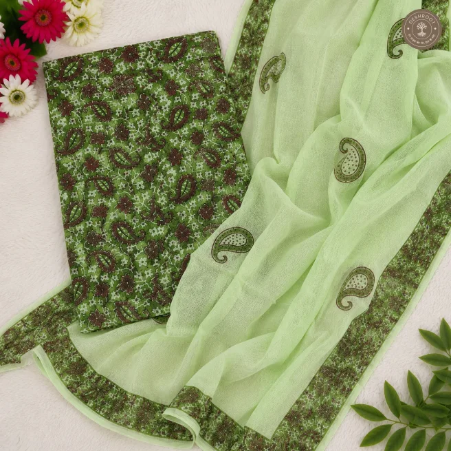 Green Paisley Print 2-Piece Unstitched Suit Set with Dupatta