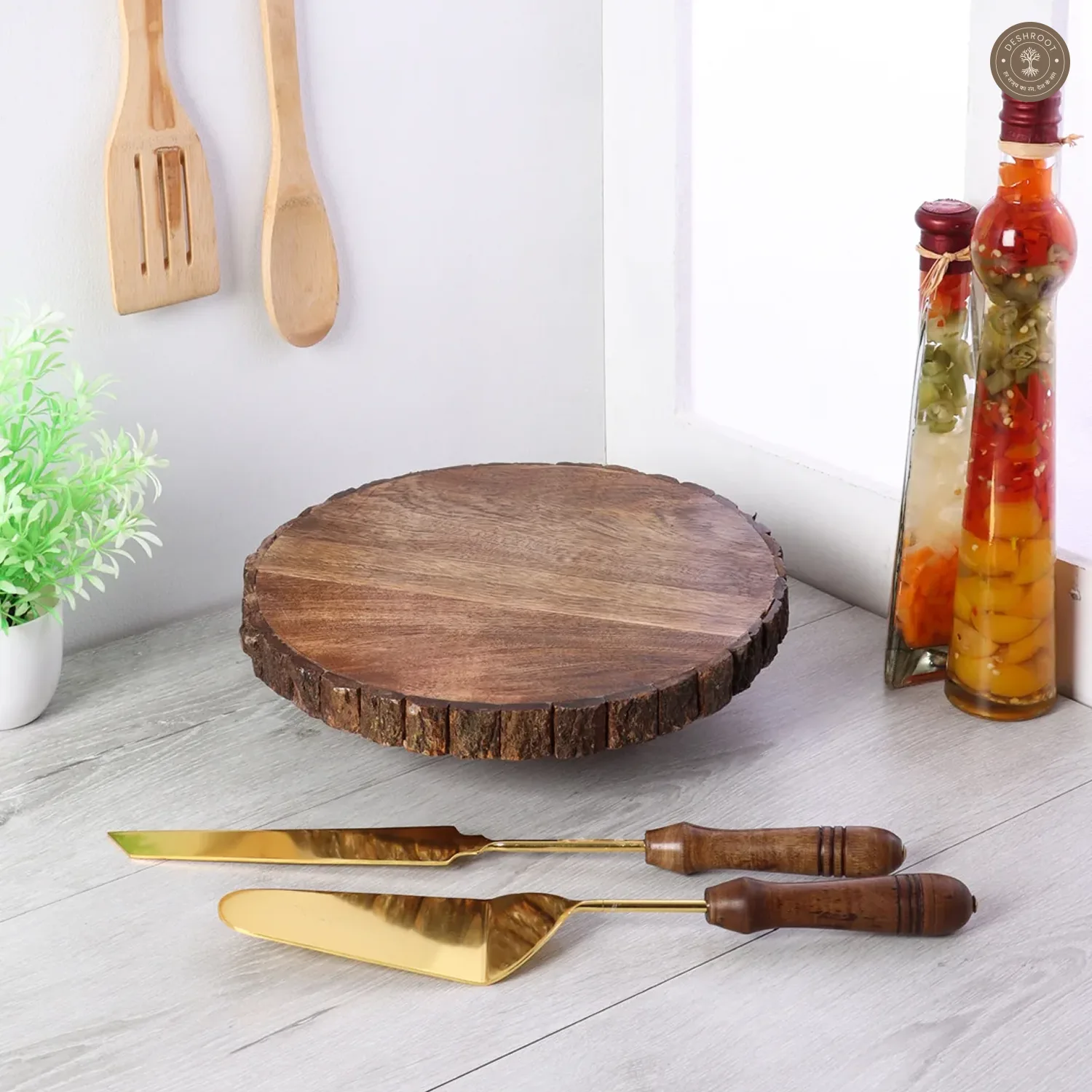 Mango Wood Revolving Cake Platter with Server