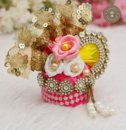 Laddu Gopal No. 5 Pink & Yellow Floral Designer Mukut