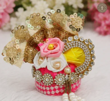 Laddu Gopal No. 5 Pink & Yellow Floral Designer Mukut
