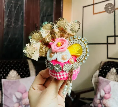 Laddu Gopal No. 5 Pink & Yellow Floral Designer Mukut