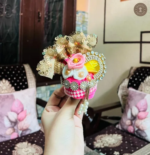 Laddu Gopal No. 5 Pink & Yellow Floral Designer Mukut