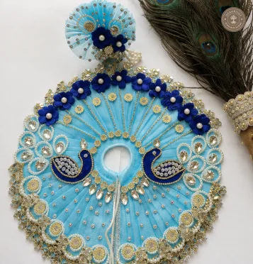 Sky Blue Peacock Design Laddu Gopal Ji Poshak with Matching Mukut