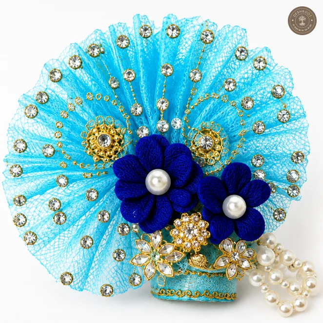 Sky Blue Peacock Design Laddu Gopal Ji Poshak with Matching Mukut