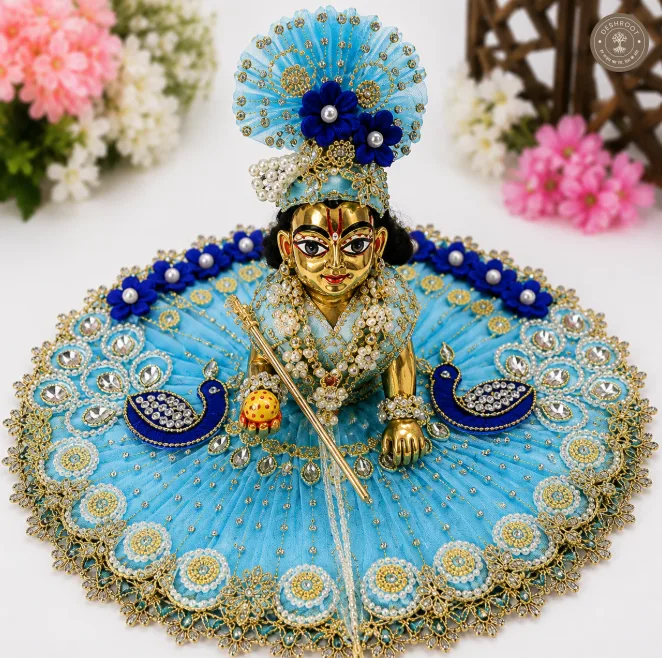 Sky Blue Peacock Design Laddu Gopal Ji Poshak with Matching Mukut