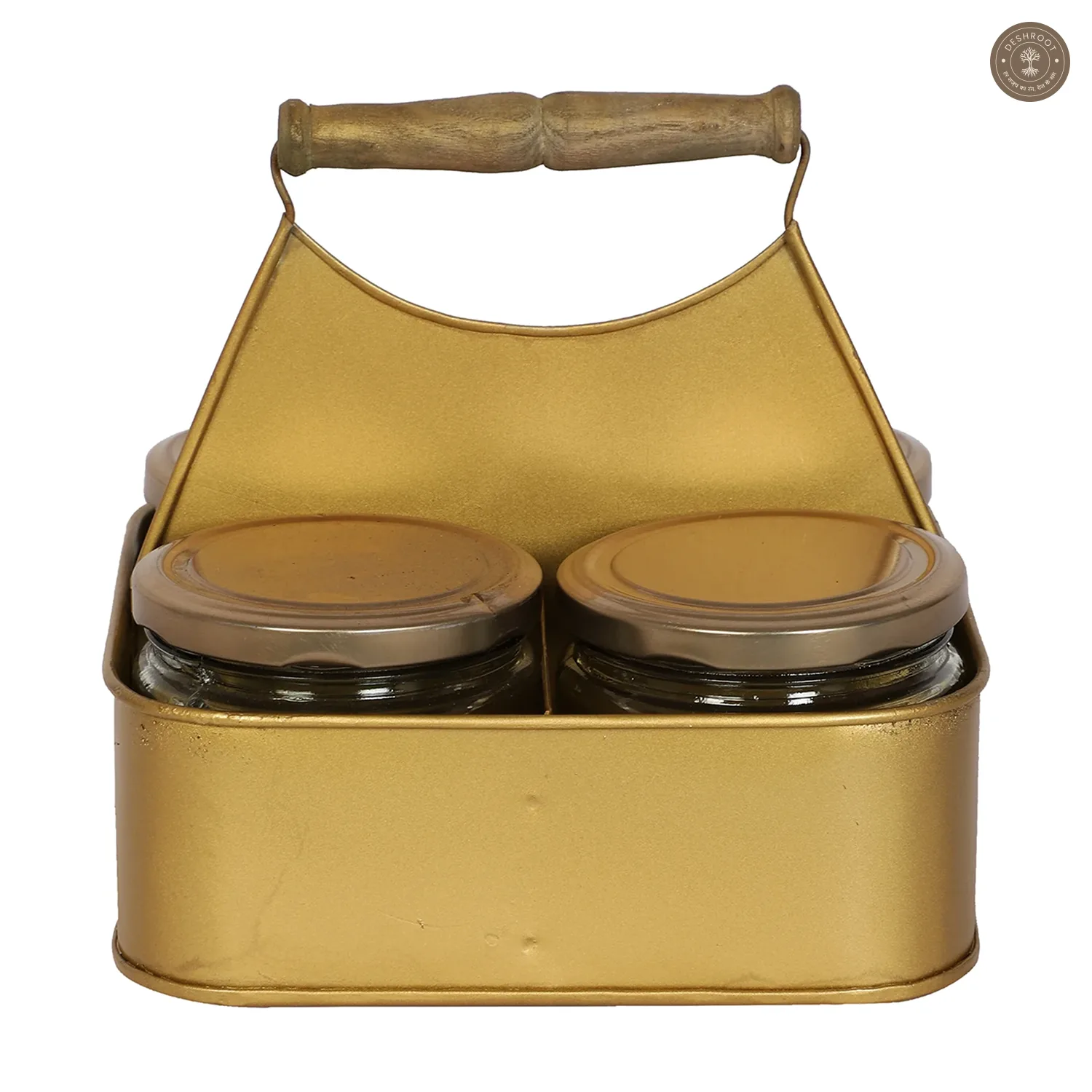 Metal Basket With 4 Glass Jars