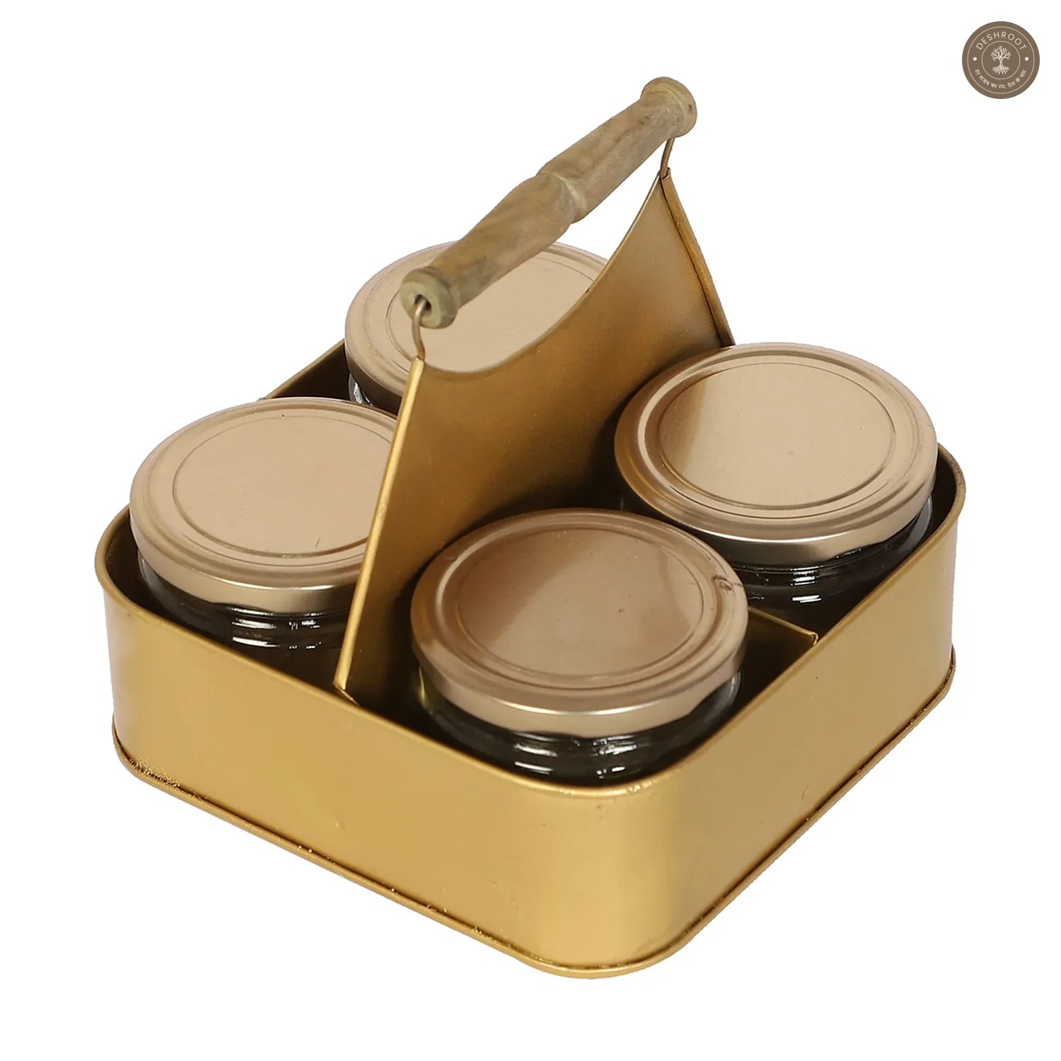 Metal Basket With 4 Glass Jars