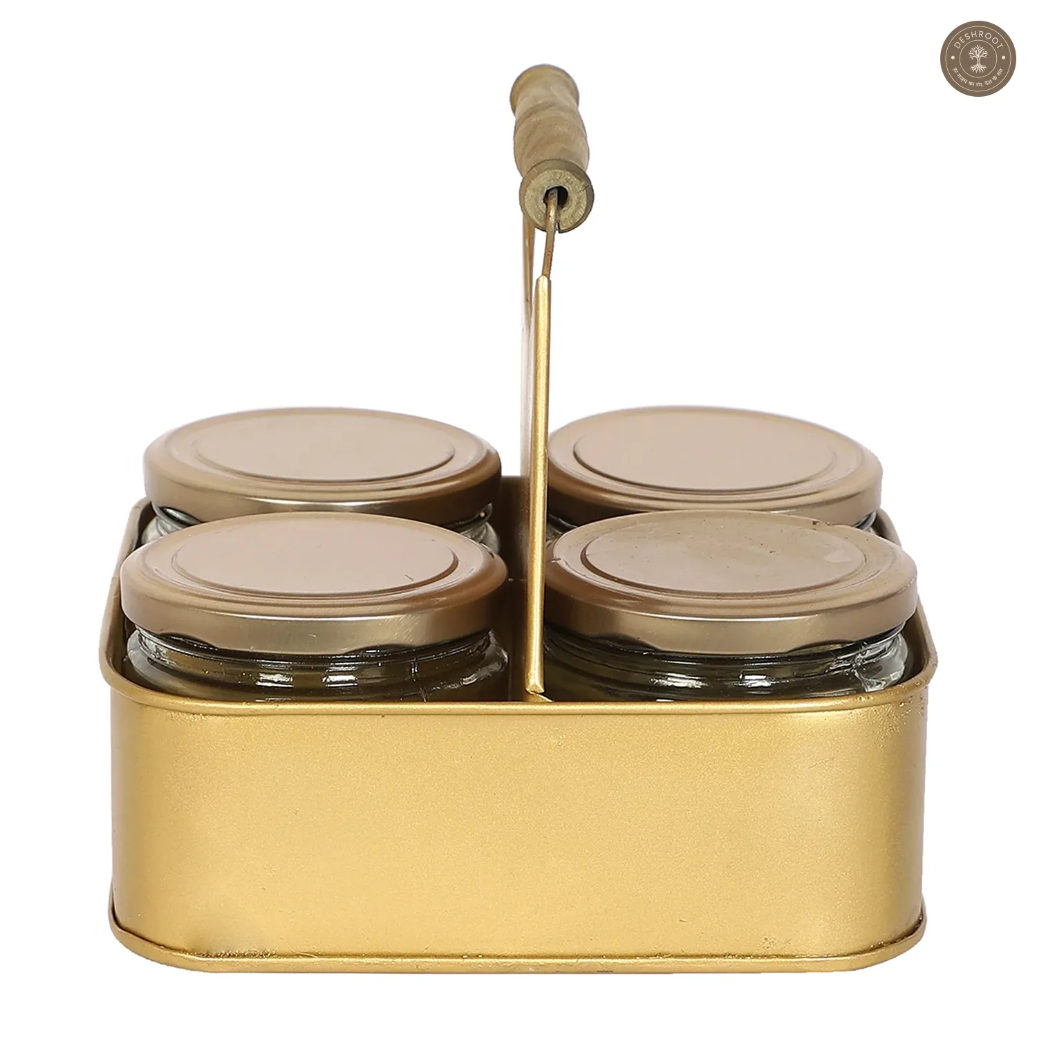 Metal Basket With 4 Glass Jars