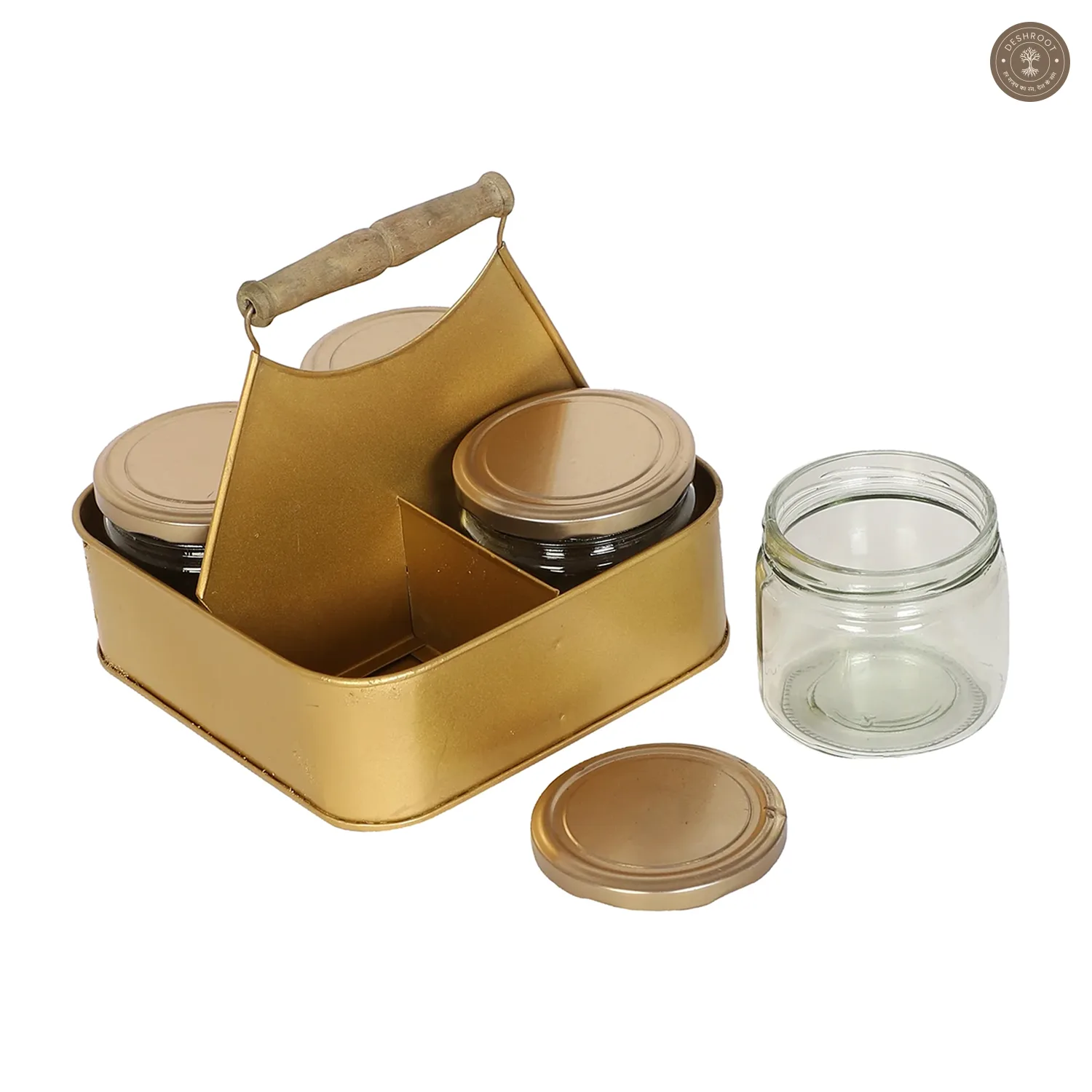 Metal Basket With 4 Glass Jars