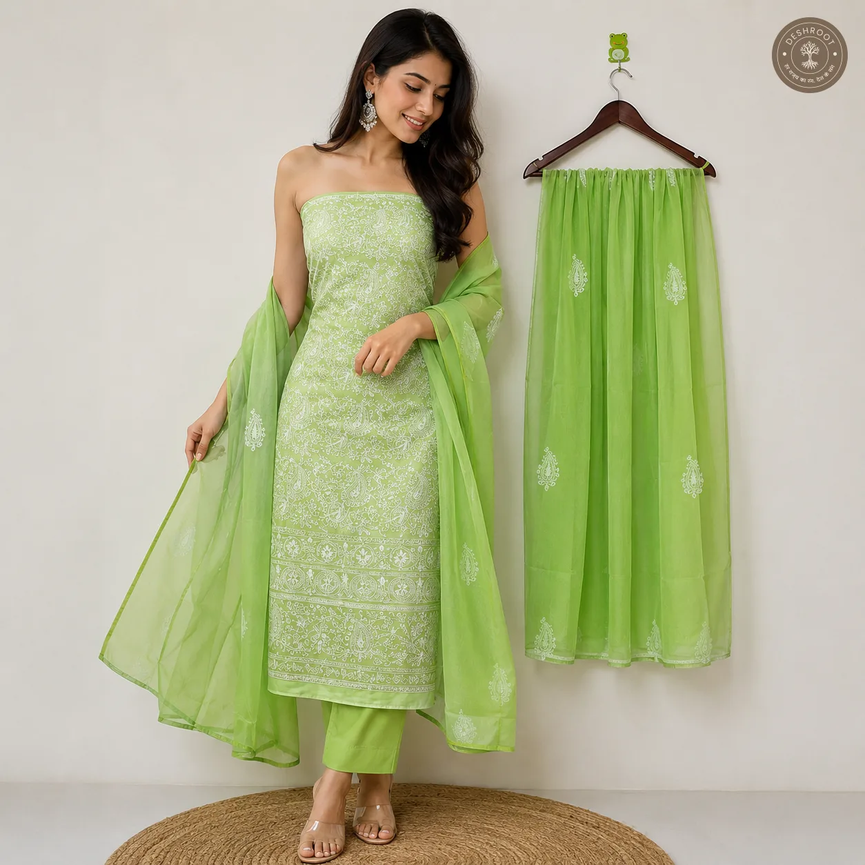 Kota Doria All-Over Chikankari Embroidered Dress Material