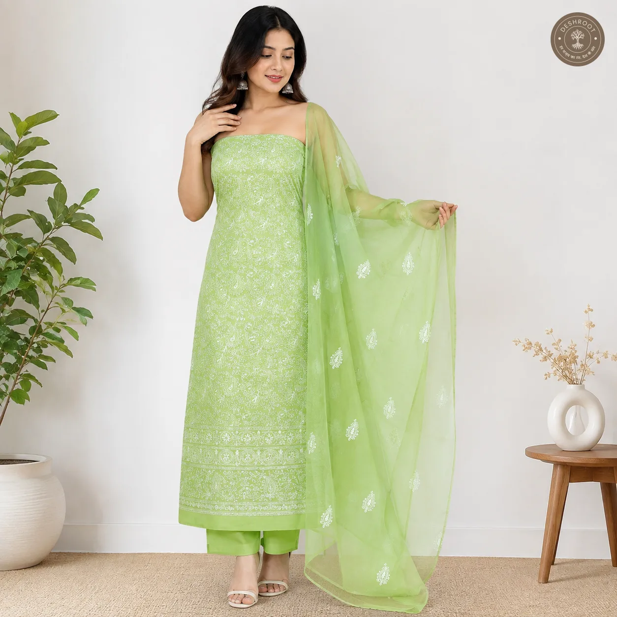 Kota Doria All-Over Chikankari Embroidered Dress Material