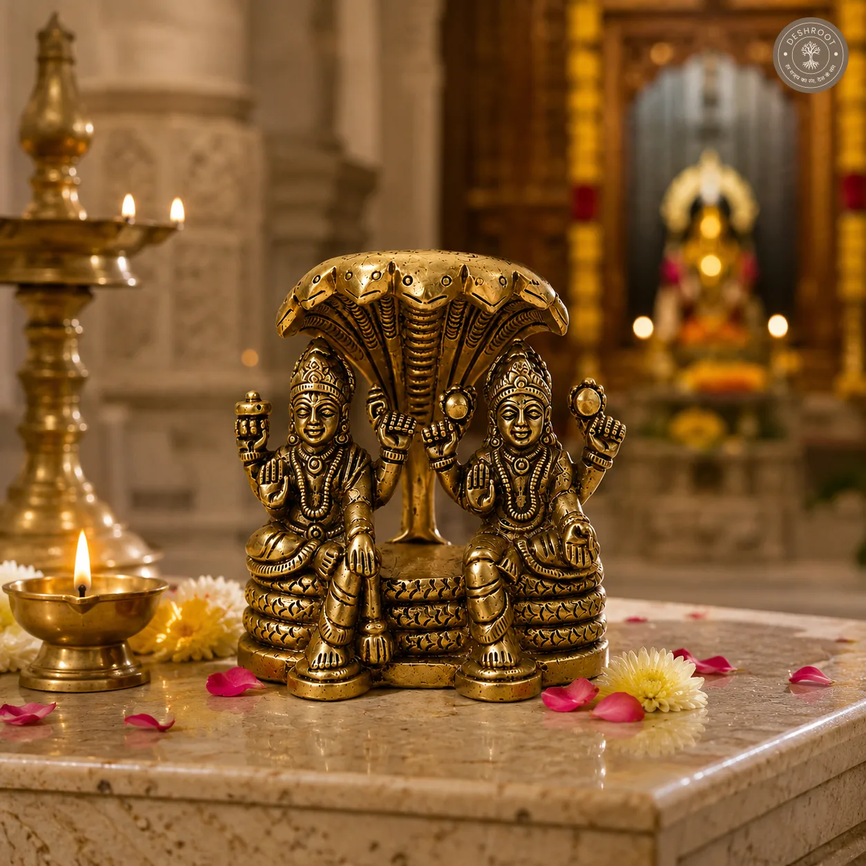 Antique Brass Lakshmi Narayan on Shesh Shaiya Idol