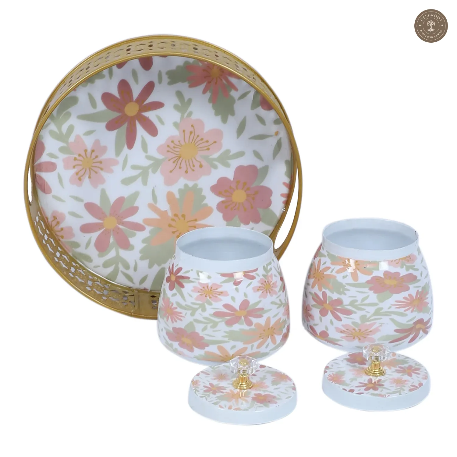 Multicolor FLowers Round Basket With Jar Set of 3