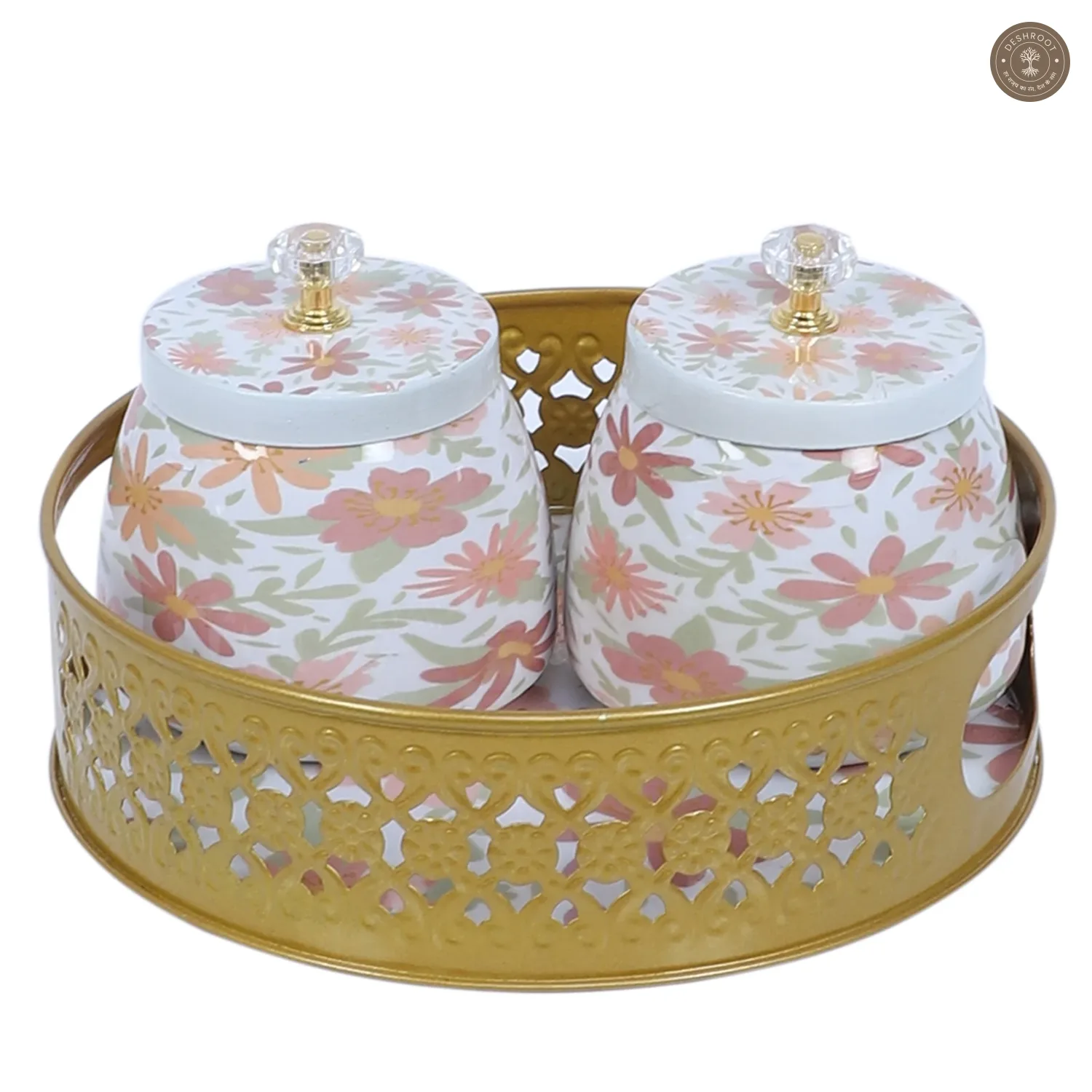 Multicolor FLowers Round Basket With Jar Set of 3