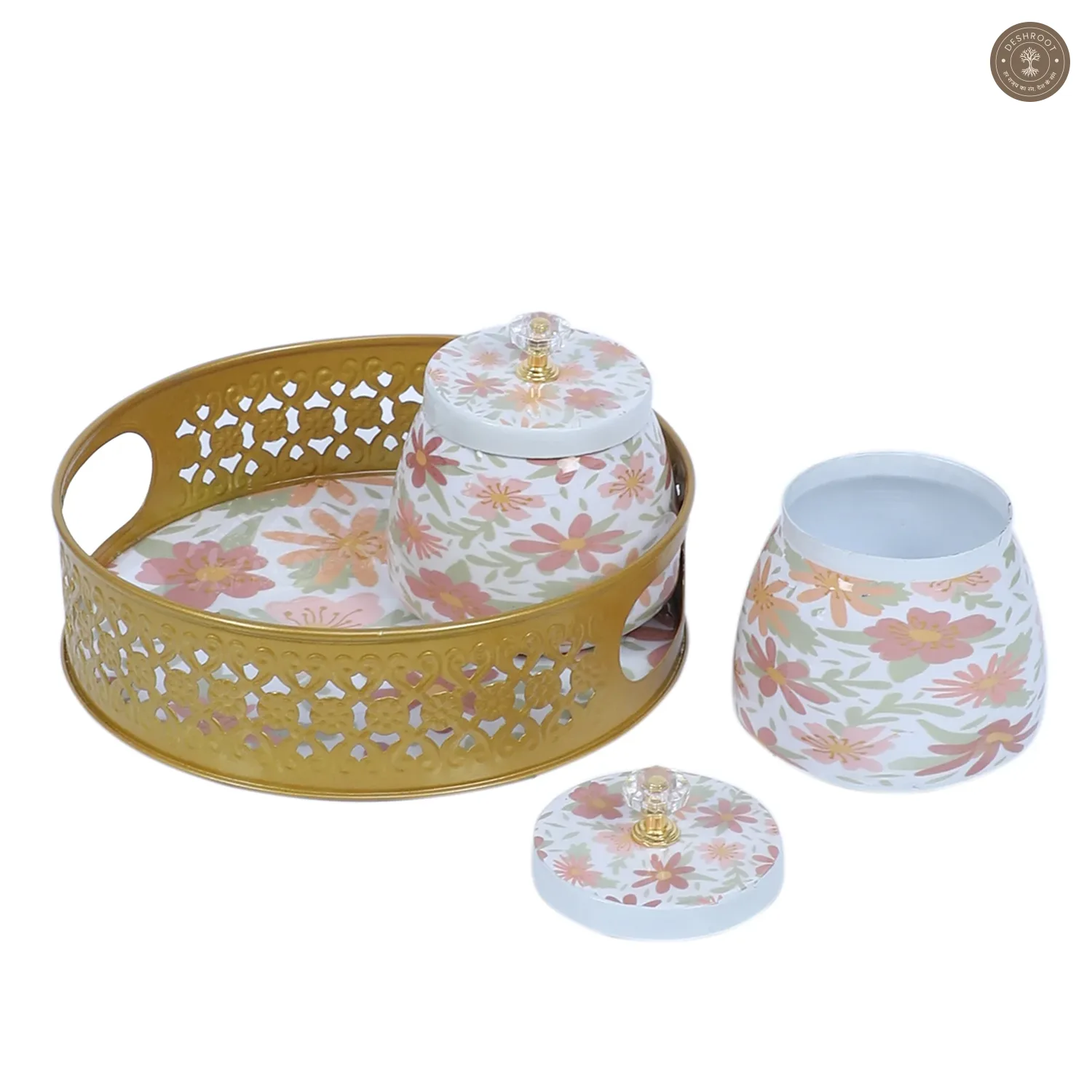 Multicolor FLowers Round Basket With Jar Set of 3