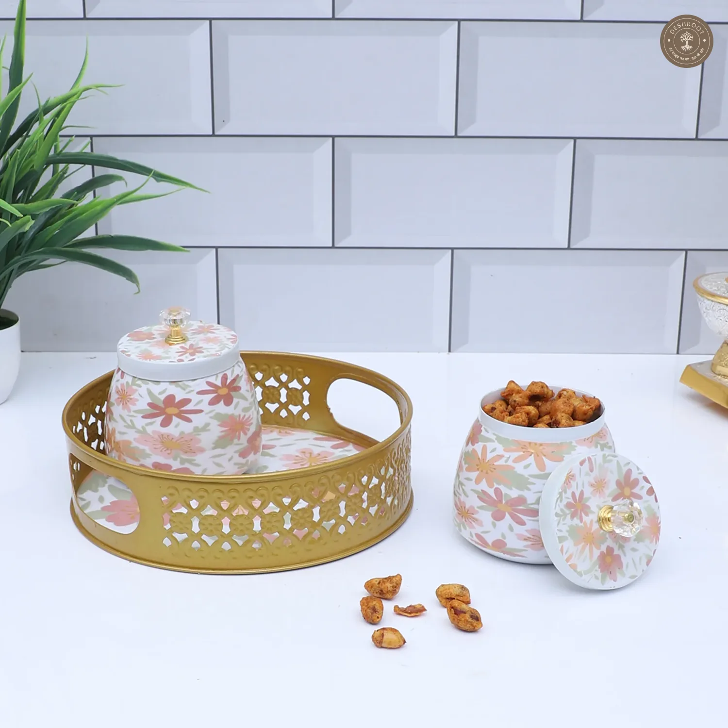 Multicolor FLowers Round Basket With Jar Set of 3