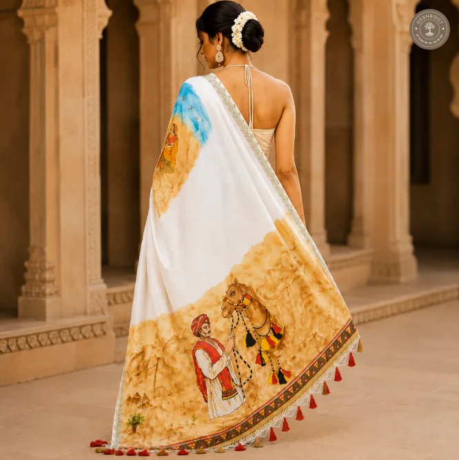 Hand-Painted Rajasthani Folk Art Saree