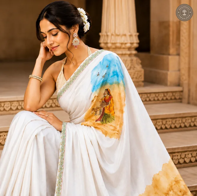 Hand-Painted Rajasthani Folk Art Saree