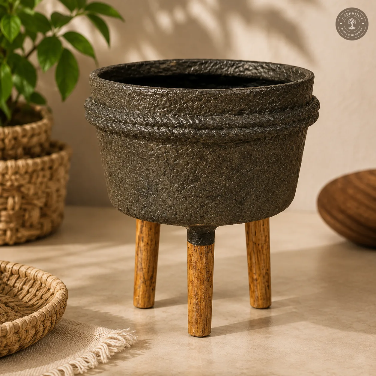Handcrafted Paper Mache Planter Pot with Wooden Legs