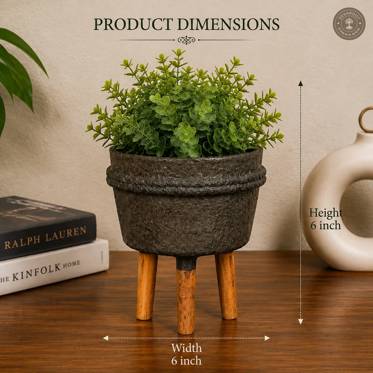 Handcrafted Paper Mache Planter Pot with Wooden Legs