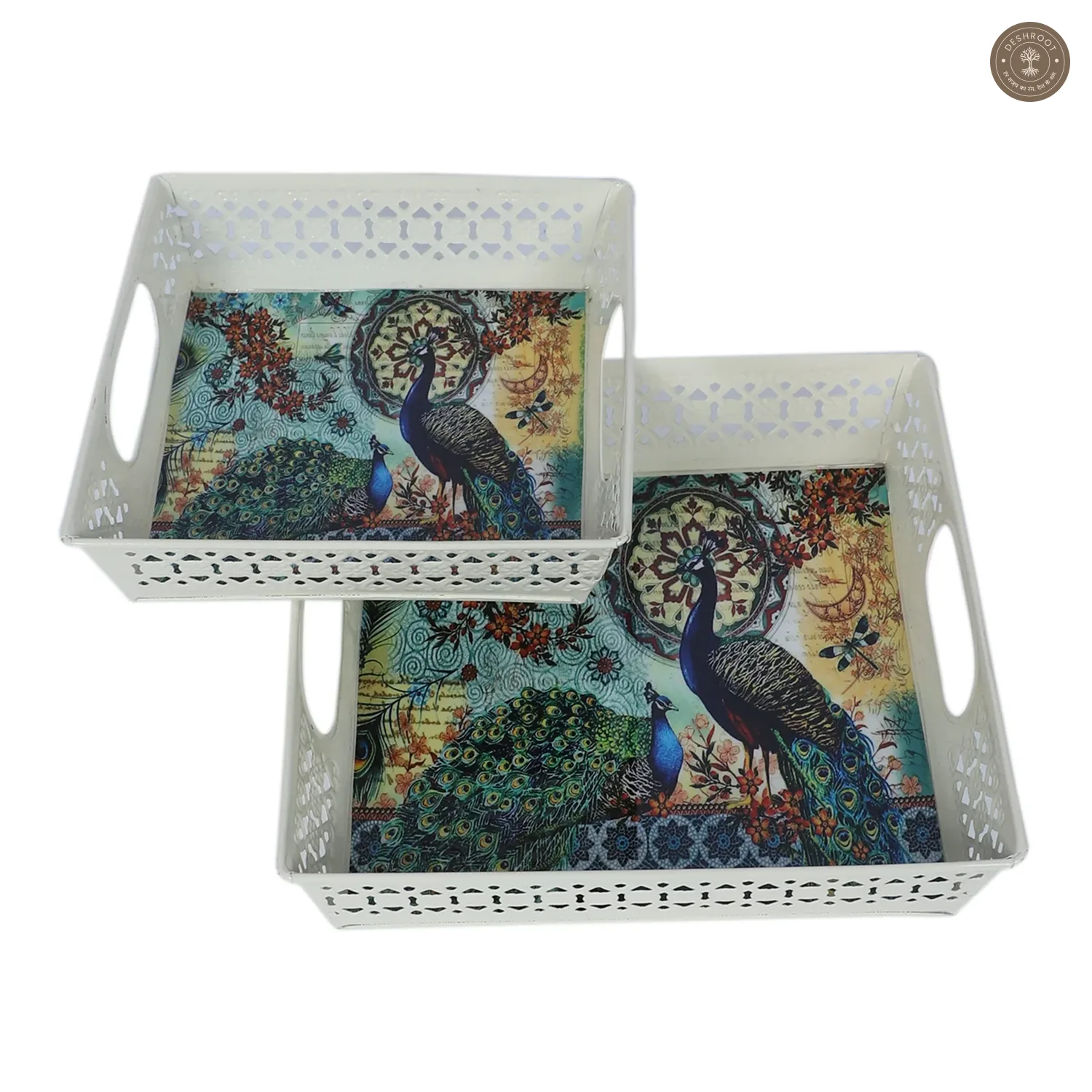 Multicolor Peacock White Tray Set of 2
