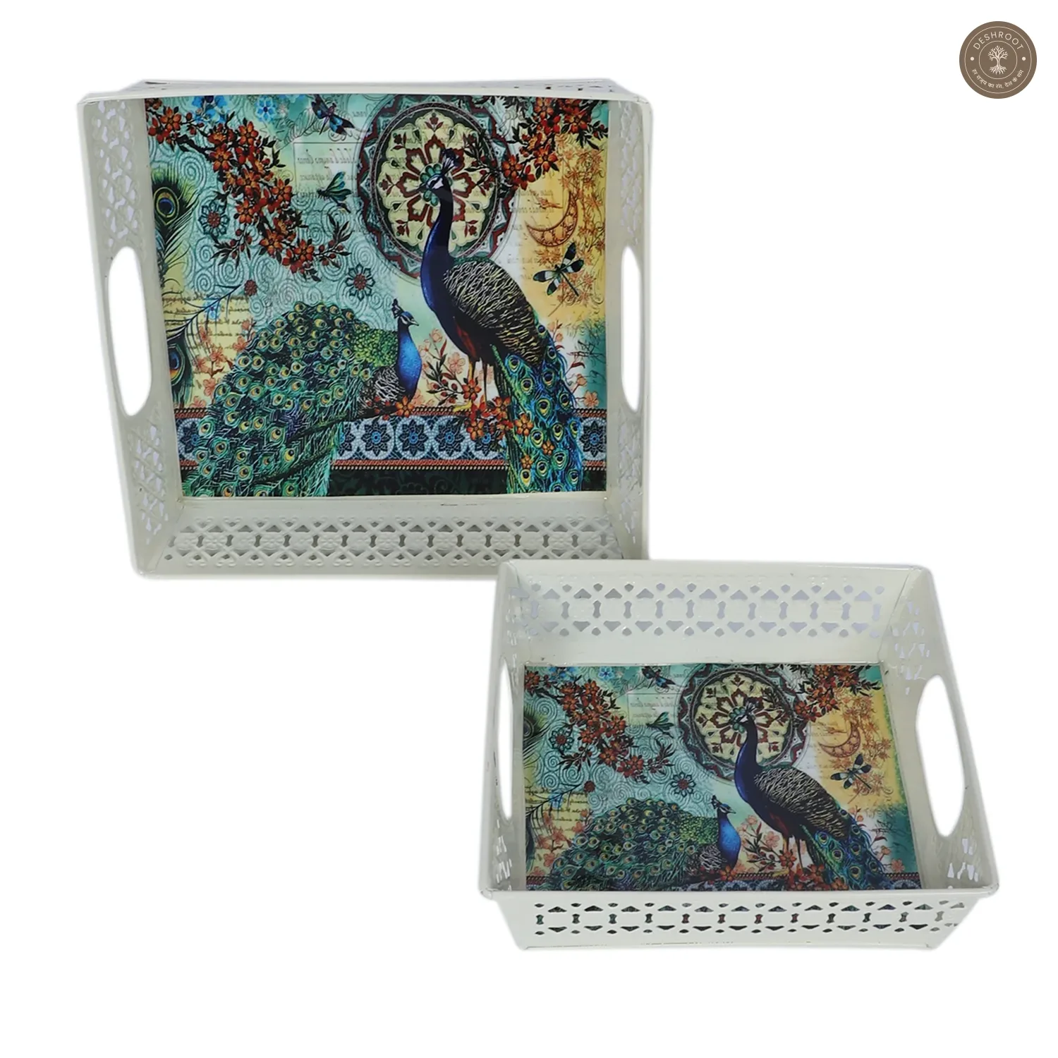 Multicolor Peacock White Tray Set of 2