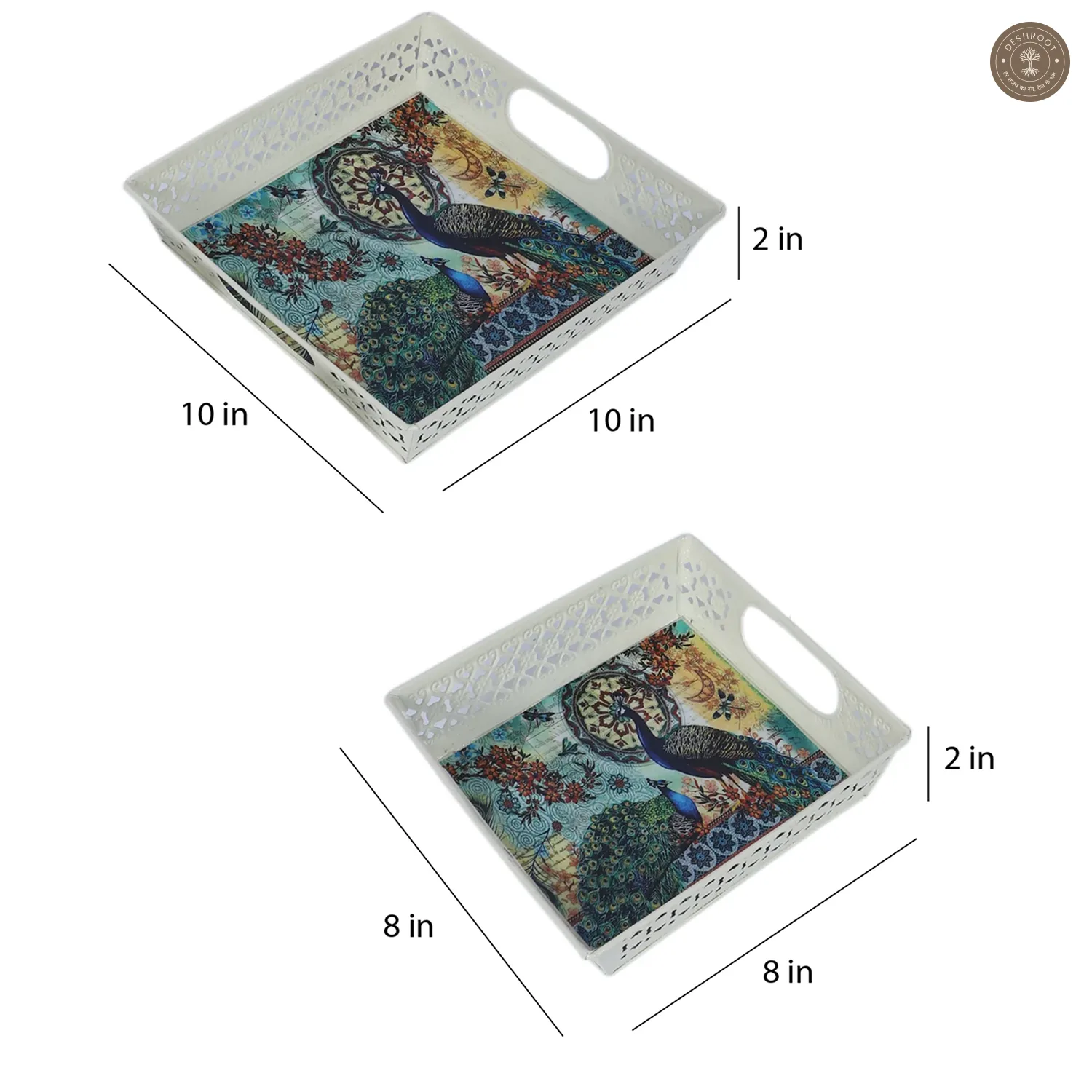 Multicolor Peacock White Tray Set of 2