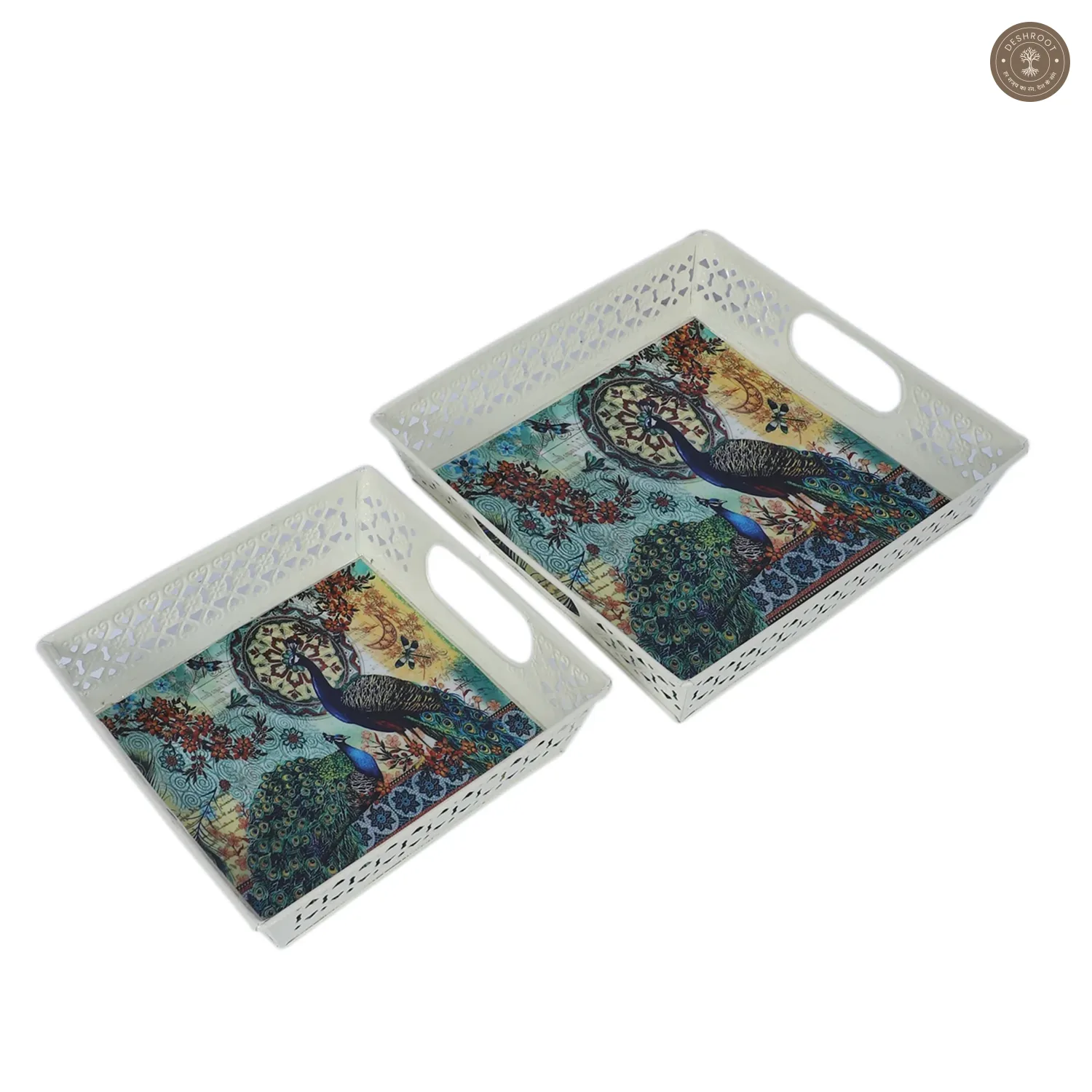 Multicolor Peacock White Tray Set of 2