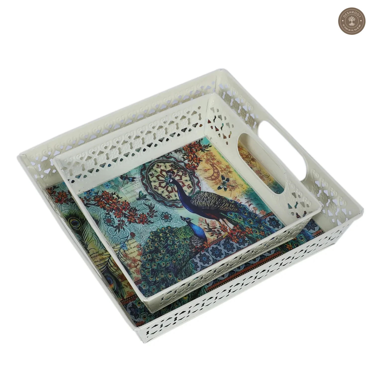 Multicolor Peacock White Tray Set of 2
