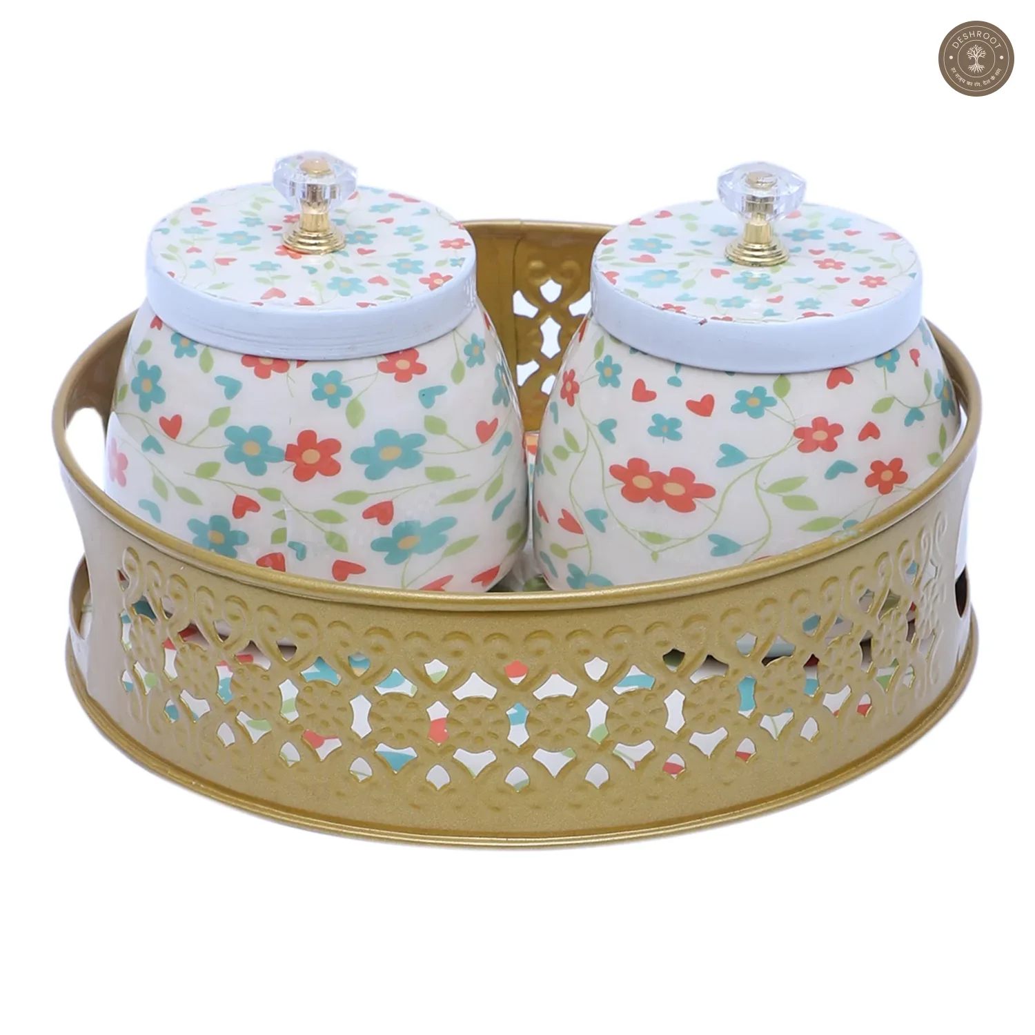 Pink & Green FLower Round Basket With Jar Set of 3