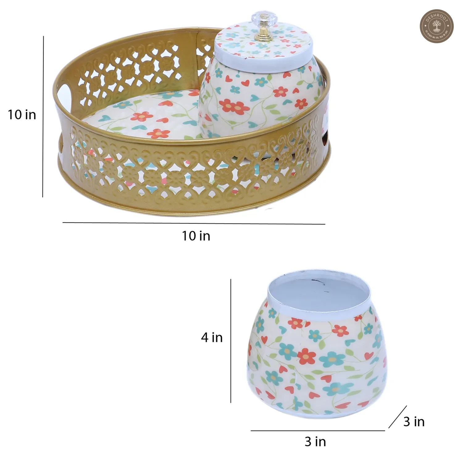 Pink & Green FLower Round Basket With Jar Set of 3