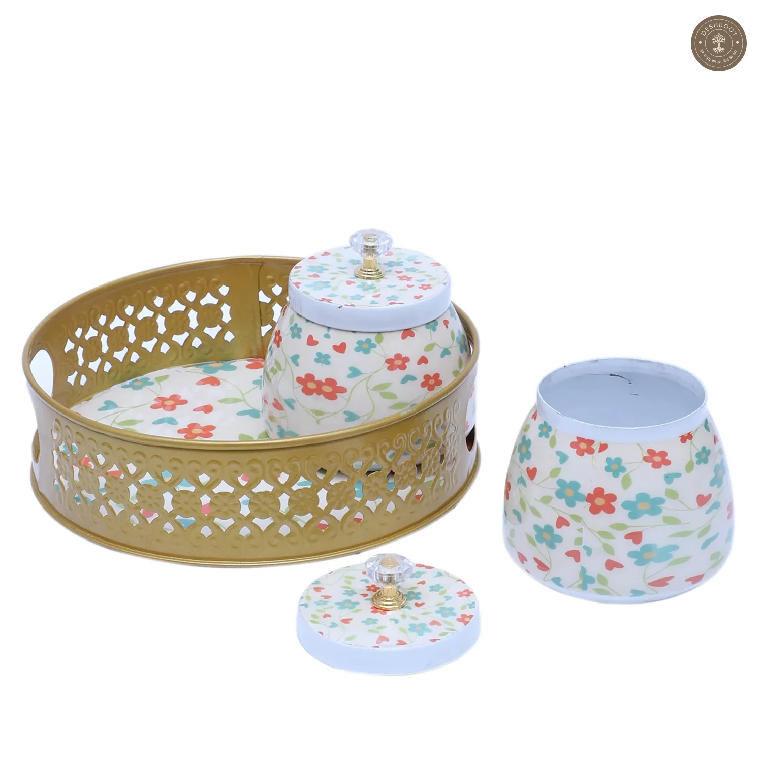 Pink & Green FLower Round Basket With Jar Set of 3
