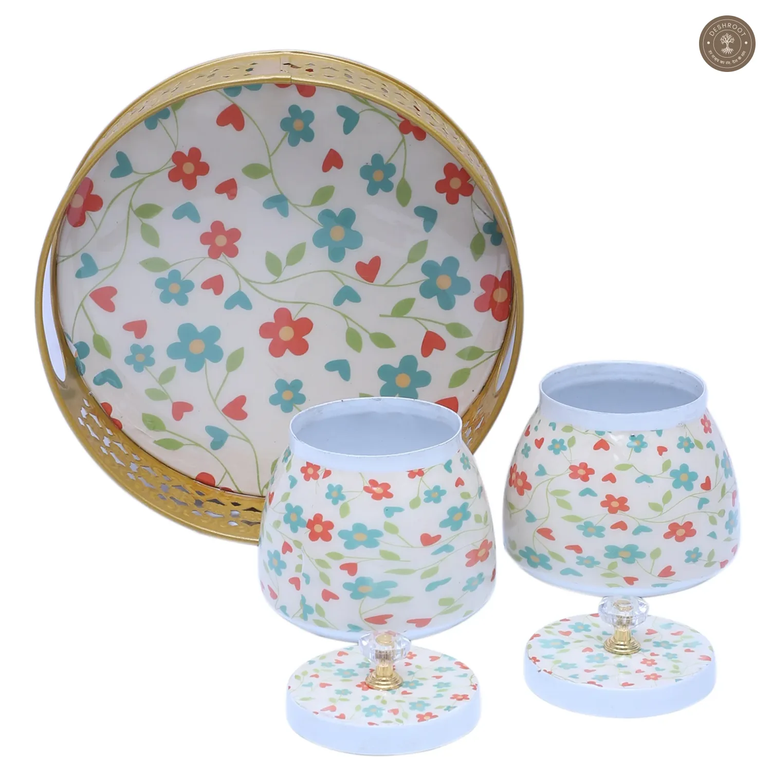 Pink & Green FLower Round Basket With Jar Set of 3