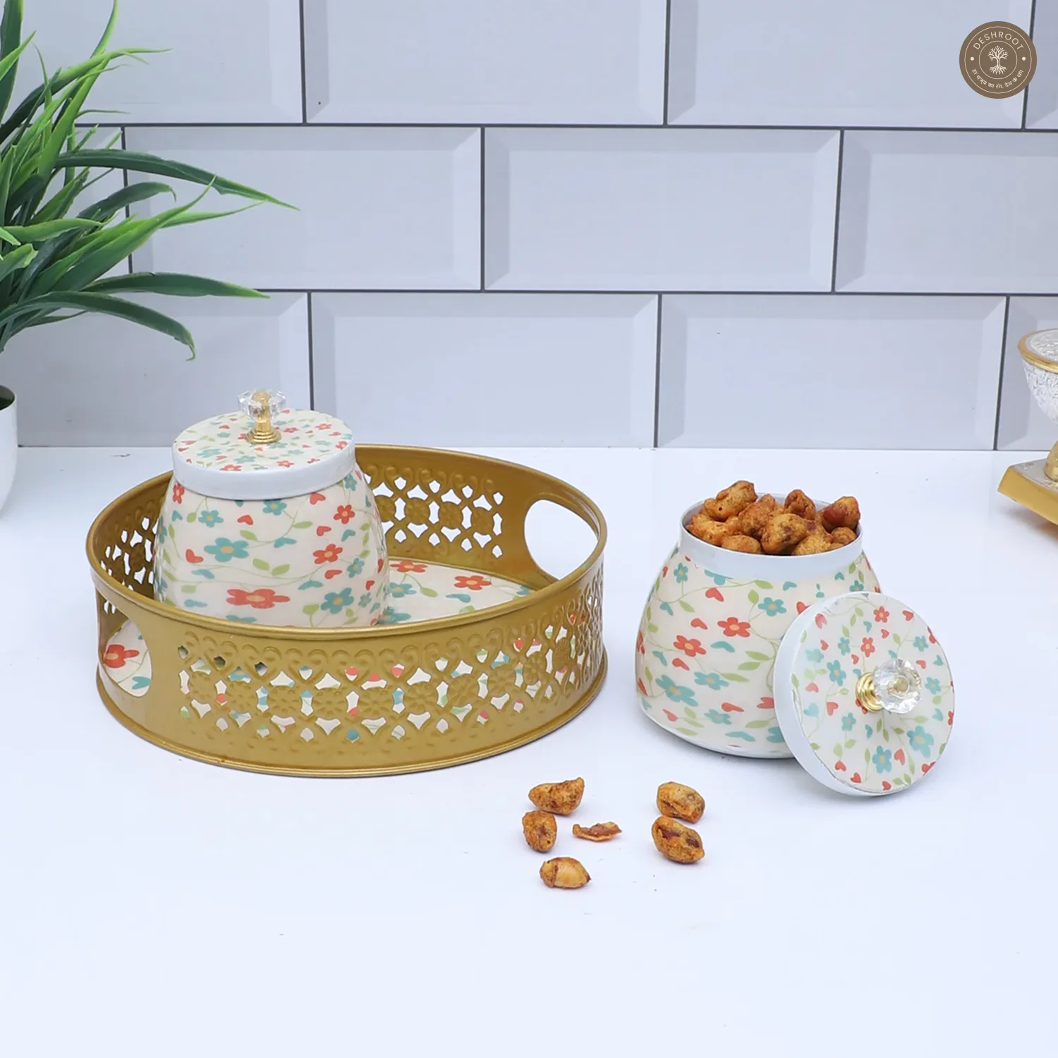 Pink & Green FLower Round Basket With Jar Set of 3