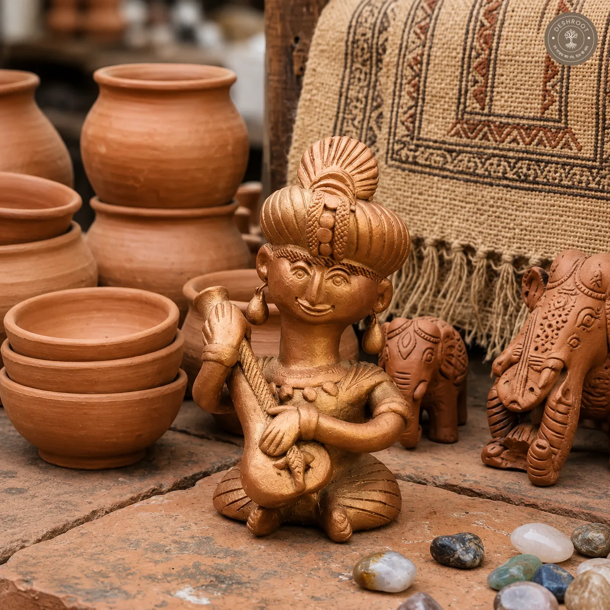 Handcrafted Terracotta Musician Figurine with Veena