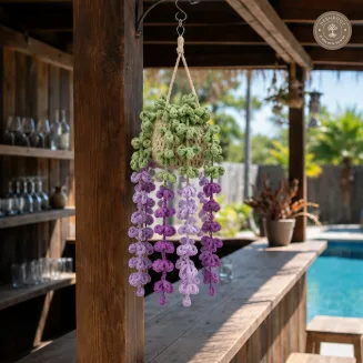 Handcrafted Crochet Hanging Planter with Lavender Cascading Flowers