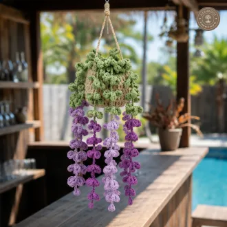Handcrafted Crochet Hanging Planter with Lavender Cascading Flowers