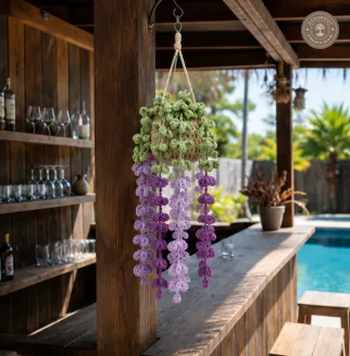 Handcrafted Crochet Hanging Planter with Lavender Cascading Flowers