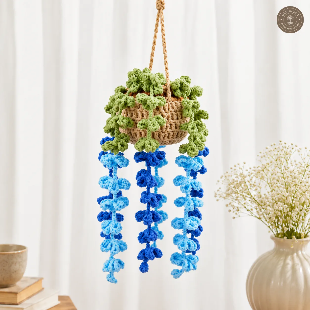Handcrafted Crochet Hanging Planter with Blue Cascading Flowers