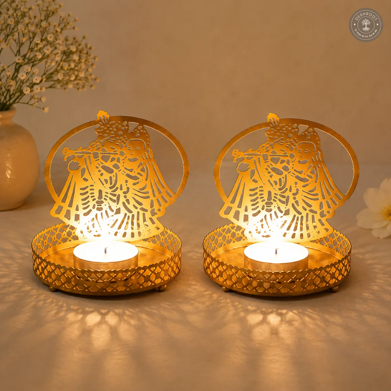 Golden Metal Radha Krishna Shadow Diya Tea Light Candle Holders – Set of 2