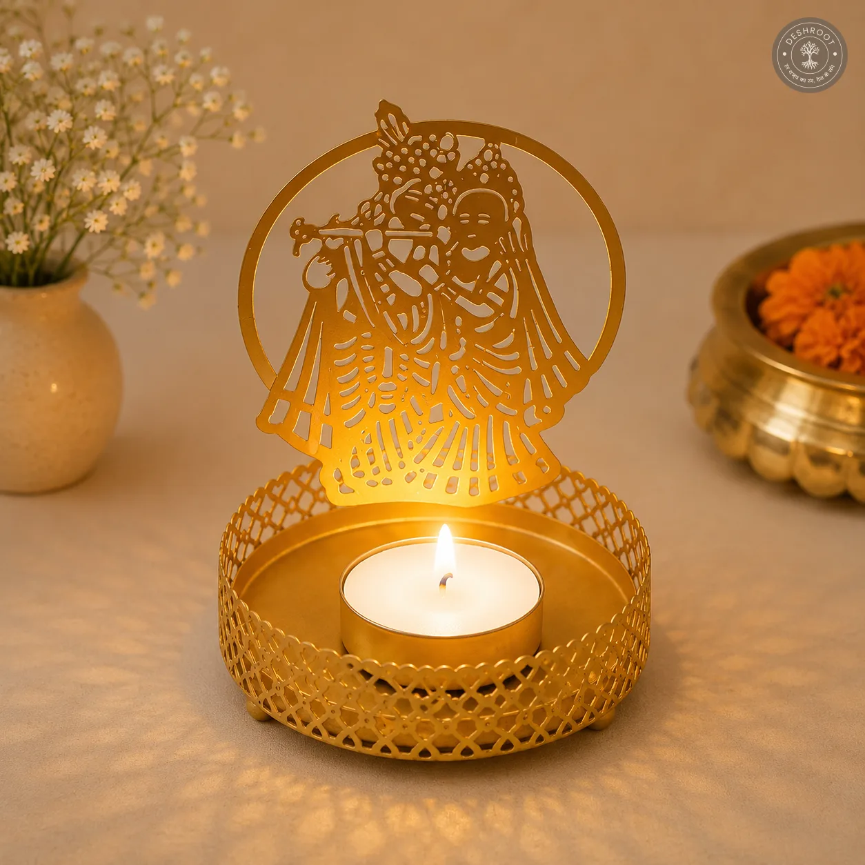 Golden Metal Radha Krishna Shadow Diya Tea Light Candle Holders – Set of 2