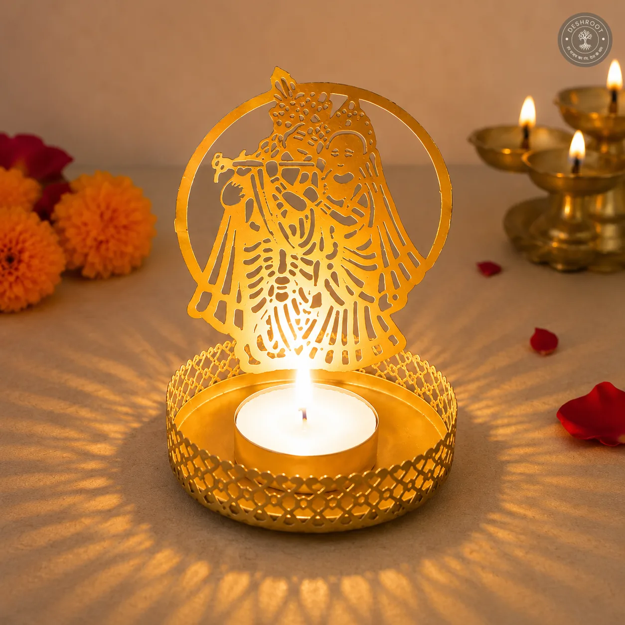 Golden Metal Radha Krishna Shadow Diya Tea Light Candle Holders – Set of 2