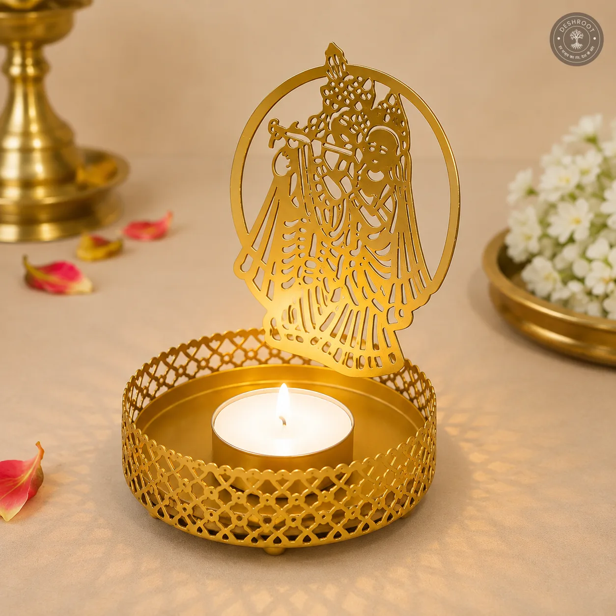 Golden Metal Radha Krishna Shadow Diya Tea Light Candle Holders – Set of 2