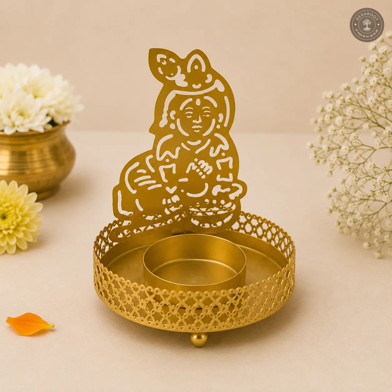 Golden Metal Laddu Gopal Shadow Diya Tea Light Candle Holders – Set of 2