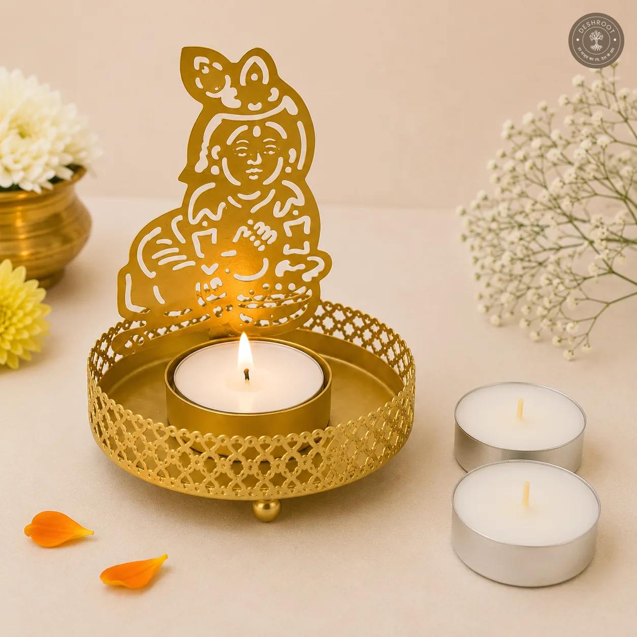 Golden Metal Laddu Gopal Shadow Diya Tea Light Candle Holders – Set of 2