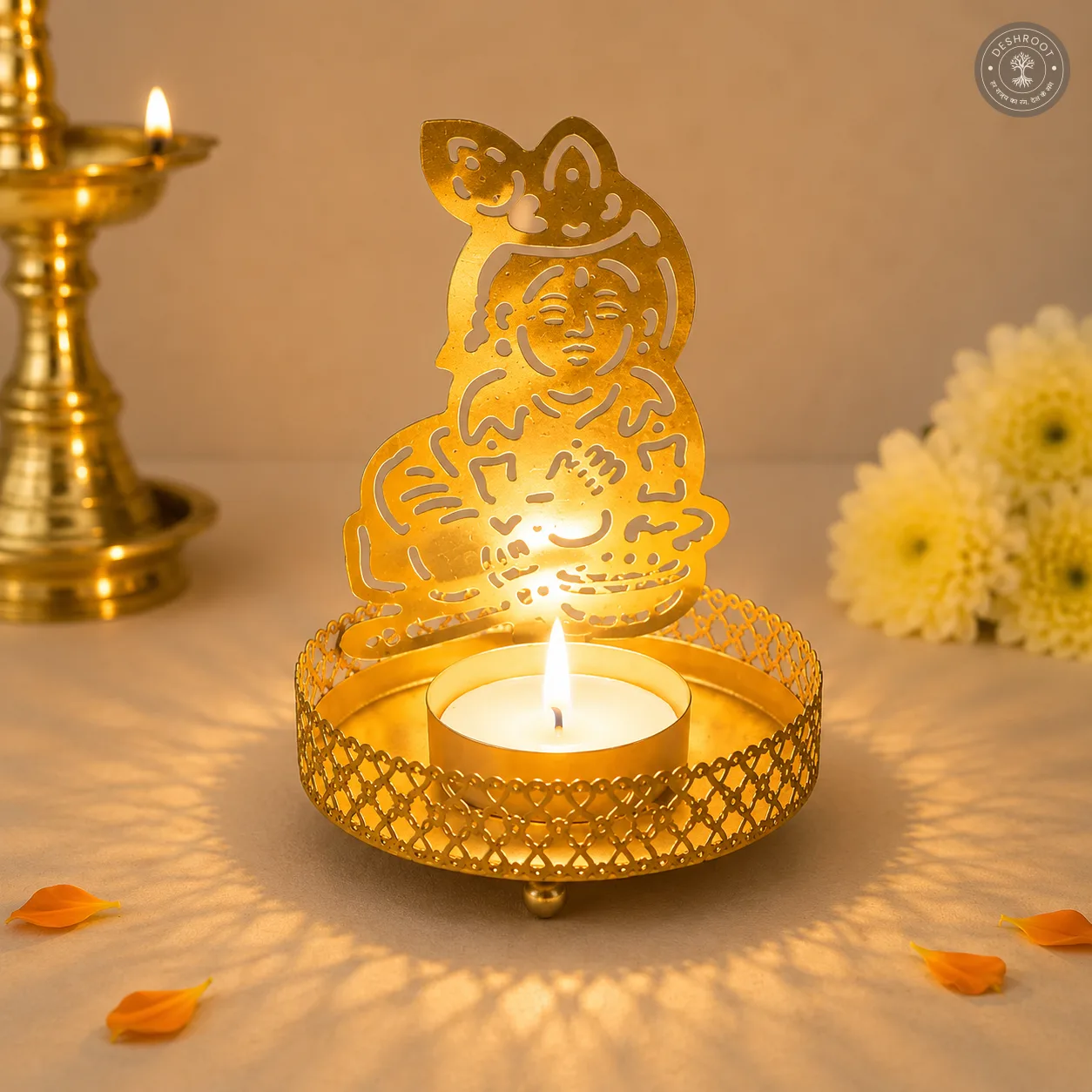 Golden Metal Laddu Gopal Shadow Diya Tea Light Candle Holders – Set of 2
