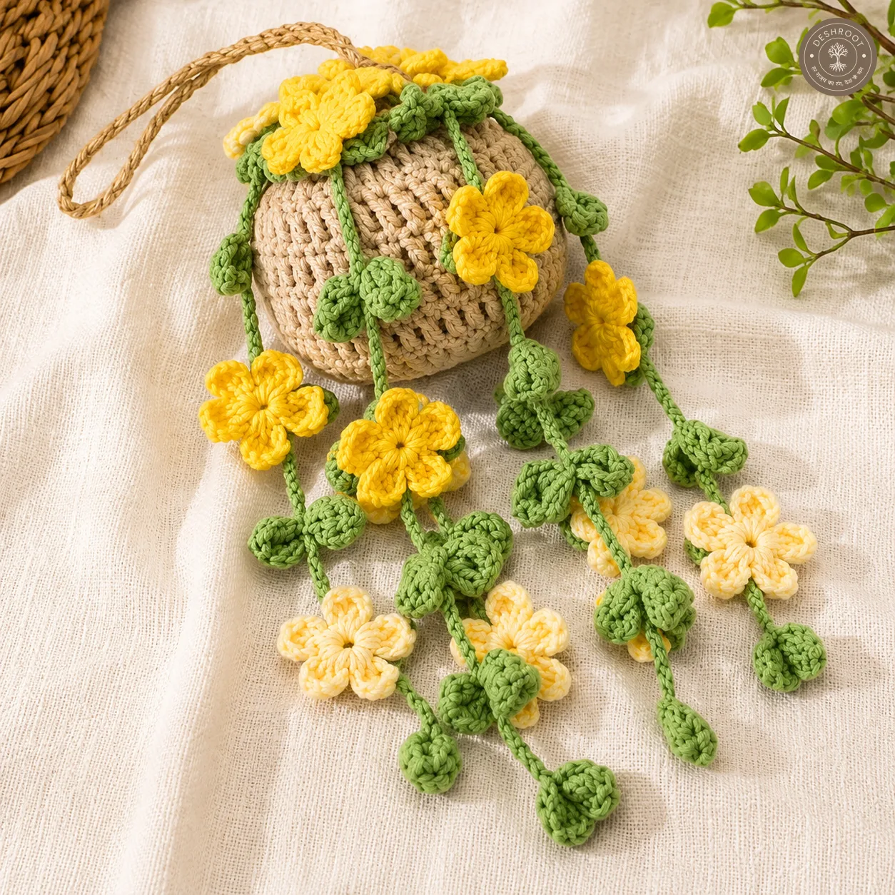 Handcrafted Crochet Hanging Planter with Yellow Flowers and Green Leaves