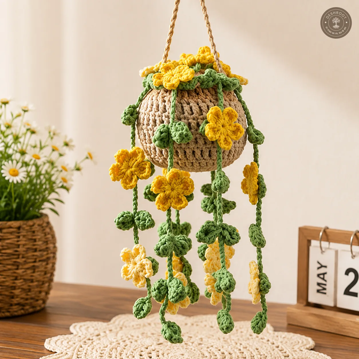 Handcrafted Crochet Hanging Planter with Yellow Flowers and Green Leaves