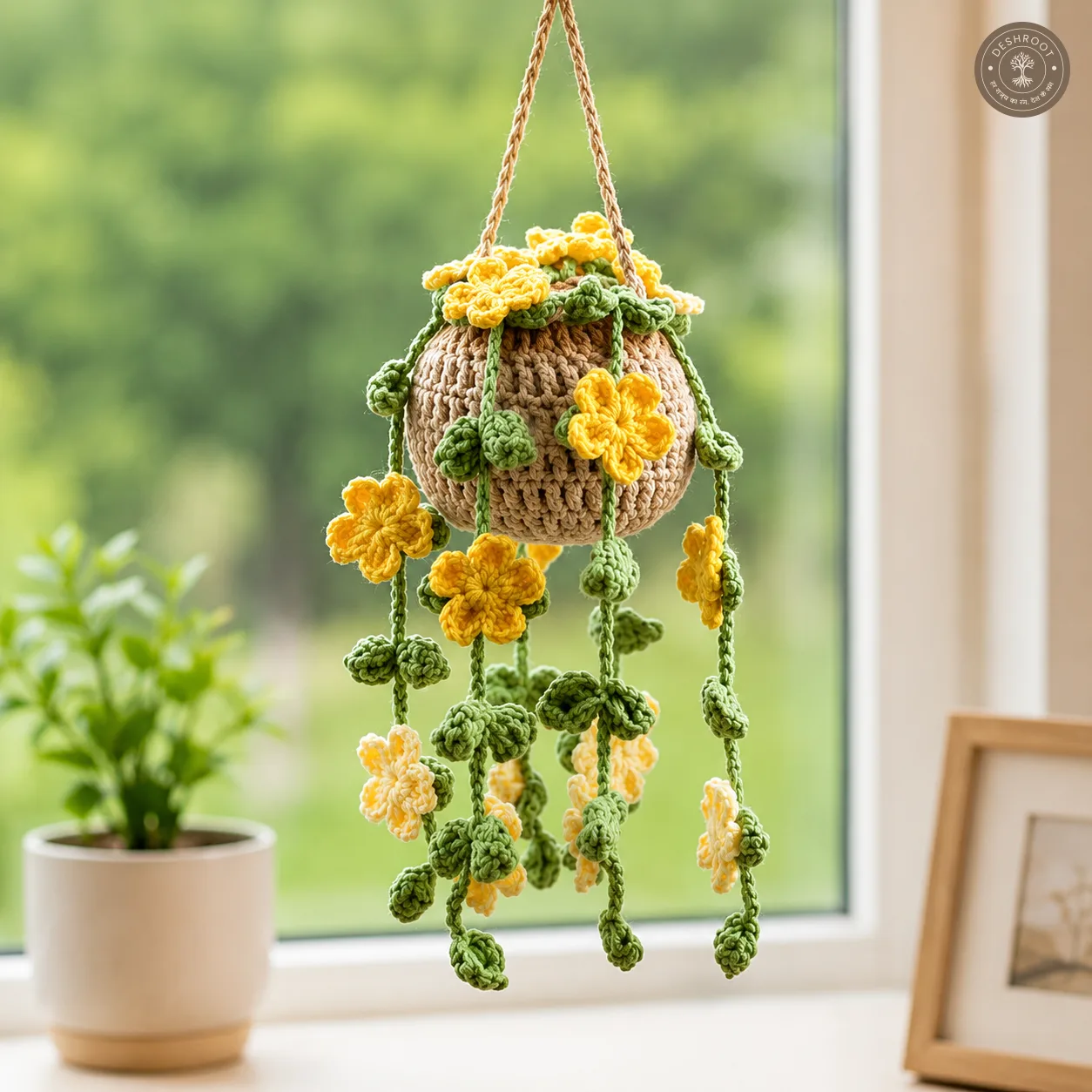 Handcrafted Crochet Hanging Planter with Yellow Flowers and Green Leaves